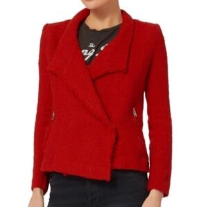 Iro Mira Cotton Texured Fringe Trimmed Moto Jacket Poppy Red Size EU 38 US Med.
